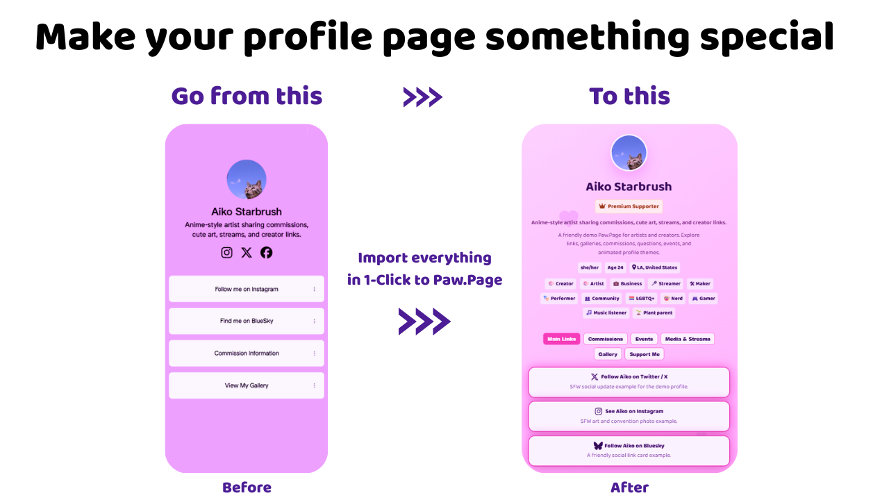 Before and after comparison showing a plain link page imported into a richer Paw.Page profile