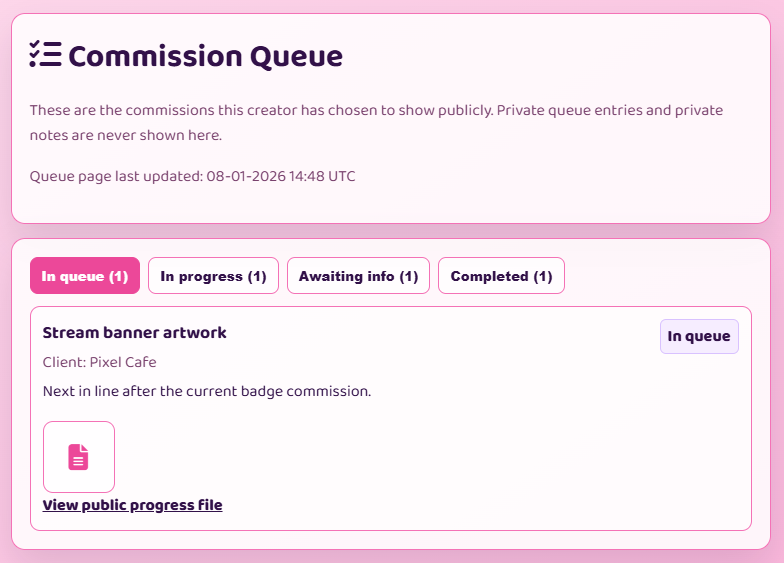 Full Paw.Page public commission queue page with tabs for commission statuses
