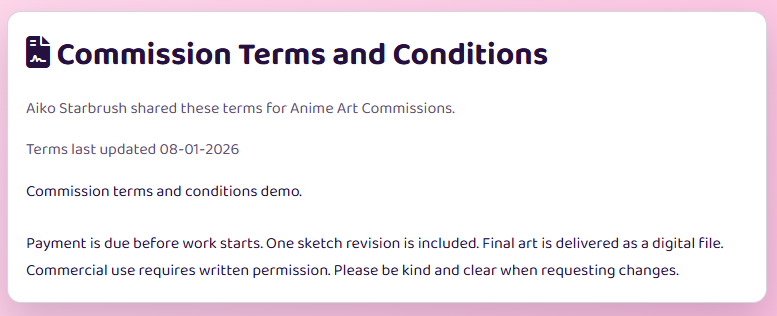 Paw.Page commission terms and conditions example page