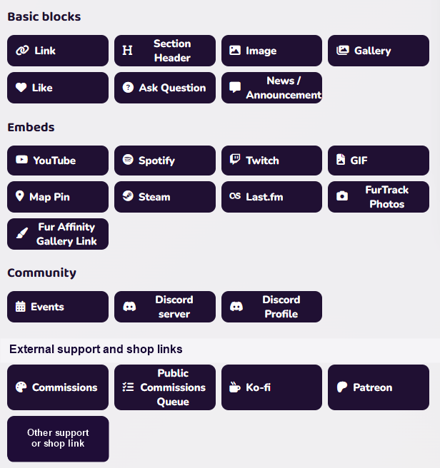 Paw.Page block picker showing links, images, galleries, questions, events, embeds, commissions, and support blocks