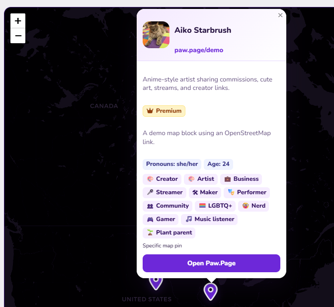 Paw.Page community map with a purple map pin and a creator profile preview card