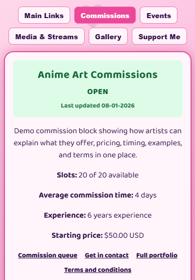 Demo Paw.Page commission tab with commission status, pricing, slots, and terms links