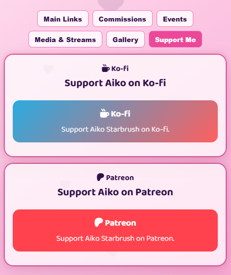 Example Paw.Page creator support blocks for Ko-fi and Patreon